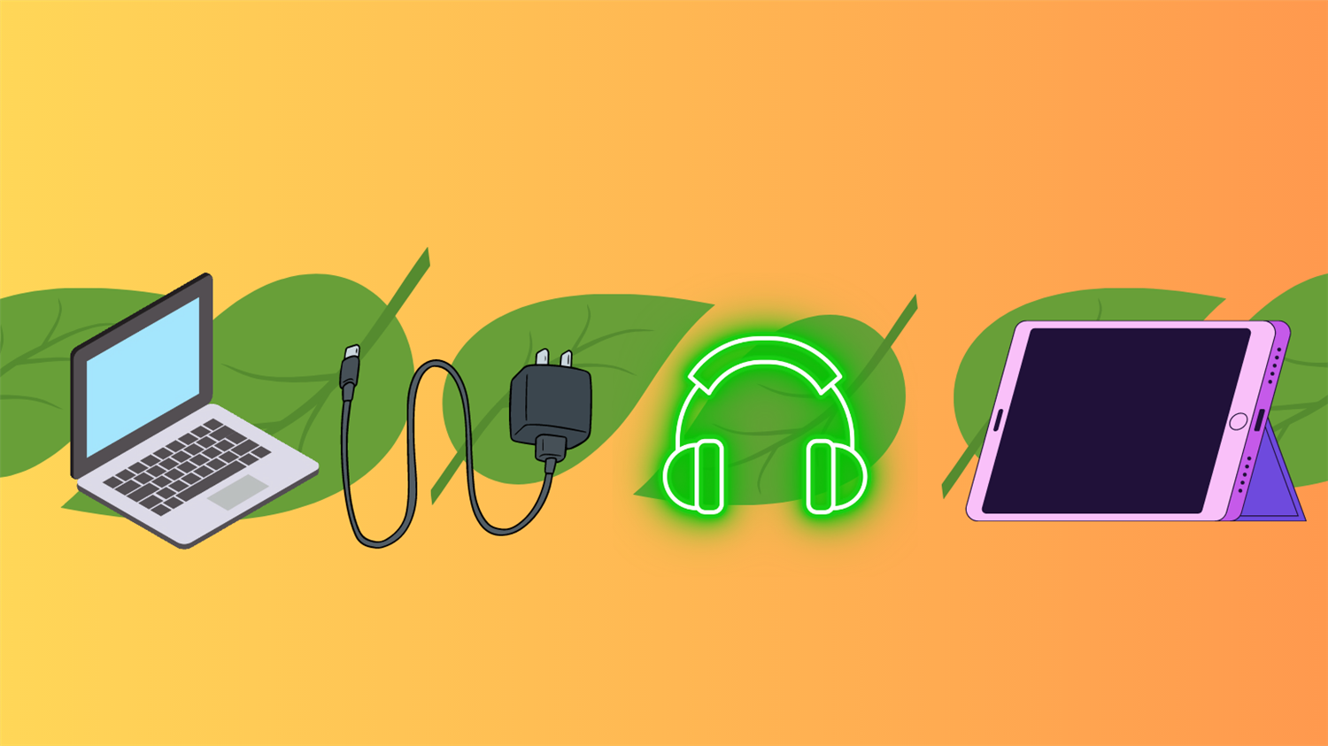  A computer, headphones, and a tablet over green leaves and a gradient orange yellow background